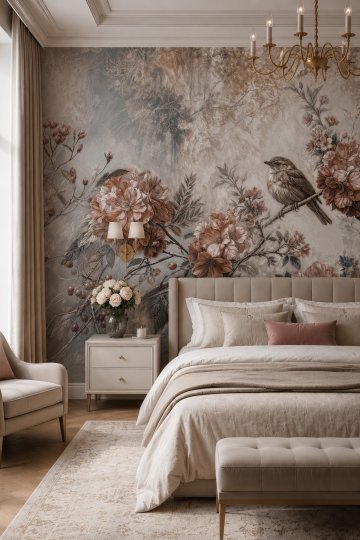 Dreamwall Gümüş Bahçe Kuş ve Botanik Desenli Tek Parça Tekstil Duvar Kağıdı küçük görsel 2