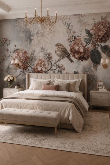 Dreamwall Gümüş Bahçe Kuş ve Botanik Desenli Tek Parça Tekstil Duvar Kağıdı küçük görsel 3