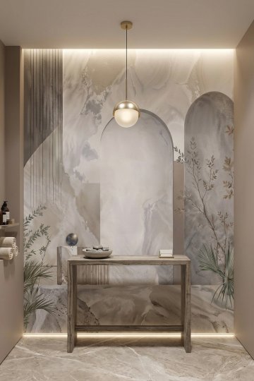 Dreamwall Gümüş Esinti - Kavisli Kemerler ve Küre Desenli Tek Parça Tekstil Duvar Kağıdı  küçük görsel 1
