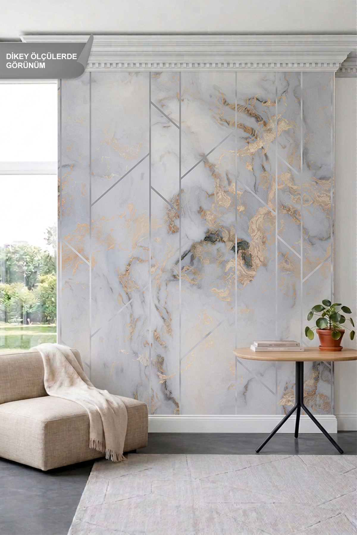 Dreamwall Gümüş Şerit ve Geometrik Çizgili Mermer Desenli Tek Parça Tekstil Duvar Kağıdı görsel 1