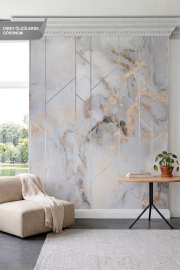 Dreamwall Gümüş Şerit ve Geometrik Çizgili Mermer Desenli Tek Parça Tekstil Duvar Kağıdı
