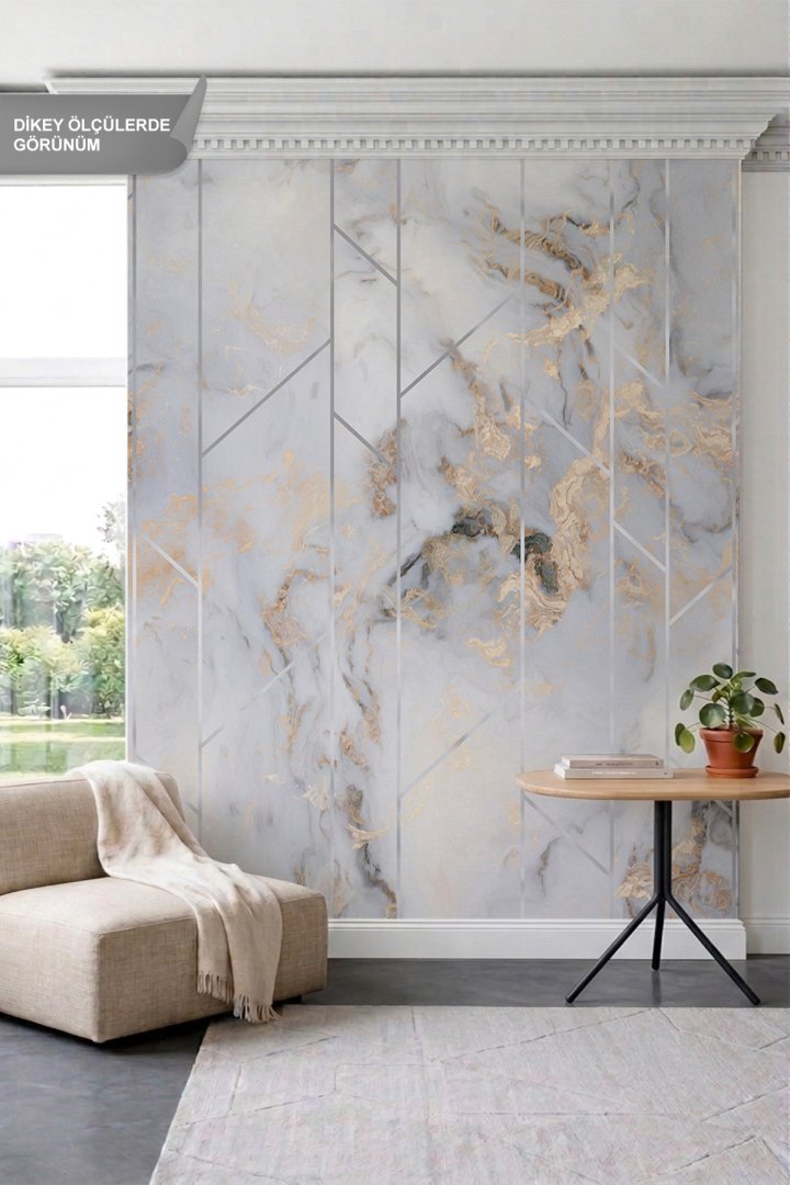 Dreamwall Gümüş Şerit ve Geometrik Çizgili Mermer Desenli Tek Parça Tekstil Duvar Kağıdı