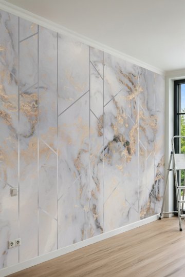 Dreamwall Gümüş Şerit ve Geometrik Çizgili Mermer Desenli Tek Parça Tekstil Duvar Kağıdı küçük görsel 2