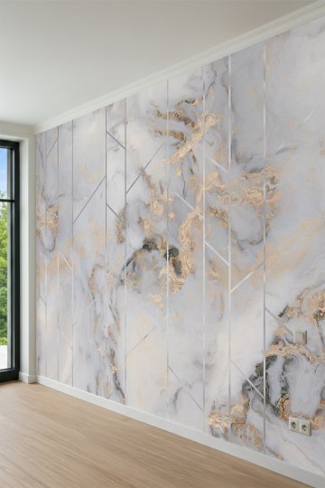 Dreamwall Gümüş Şerit ve Geometrik Çizgili Mermer Desenli Tek Parça Tekstil Duvar Kağıdı küçük görsel 3