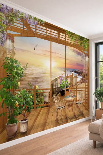 Dreamwall Gün Batımı Deniz Manzaralı Ahşap Veranda Tek Parça Tekstil Duvar Kağıdı