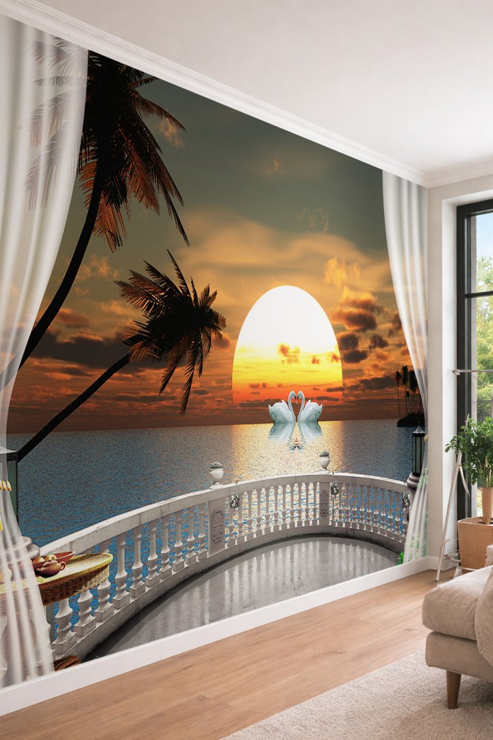 Dreamwall Gün Batımı Deniz Manzaralı ve Balkon Perspektifli Tek Parça Tekstil Duvar Kağıdı