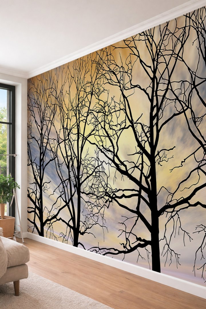 Dreamwall Gün Batımı Gökyüzü ve Ağaç Silüetleri Doğa Temalı Tekstil Duvar Kağıdı
