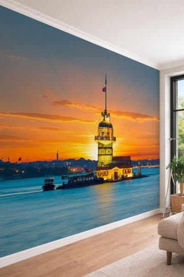 Dreamwall Gün Batımı İstanbul Kız Kulesi Manzaralı Panoramik Modern Tek Parça Tekstil Duvar Kağıdı