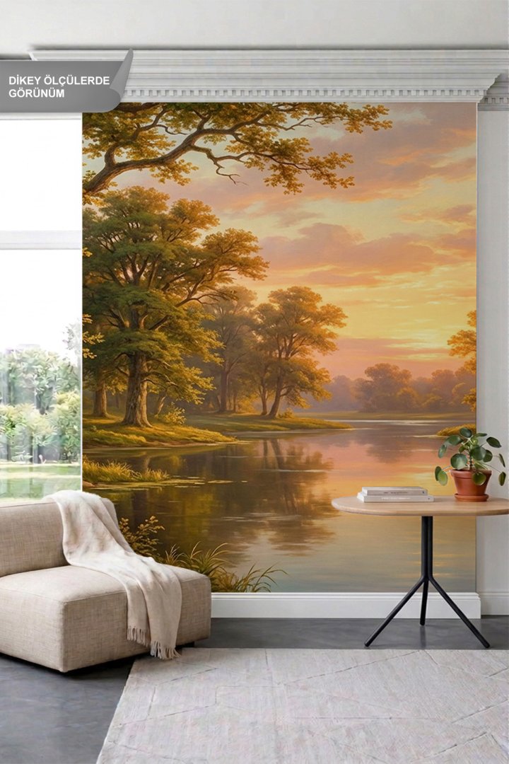 Dreamwall Gün Batımı Manzaralı Nehir, Orman ve Yağlıboya Tek Parça Tekstil Duvar Kağıdı