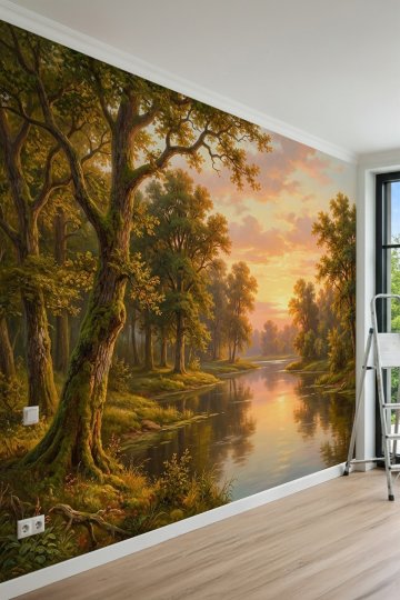 Dreamwall Gün Batımı Manzaralı Nehir, Orman ve Yağlıboya Tek Parça Tekstil Duvar Kağıdı küçük görsel 2