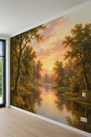 Dreamwall Gün Batımı Manzaralı Nehir, Orman ve Yağlıboya Tek Parça Tekstil Duvar Kağıdı küçük görsel 3