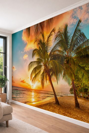 Dreamwall Gün Batımı Tropikal Sahil - Kafe ve Spa Alanları İçin Tek Parça Tekstil Duvar Kağıdı