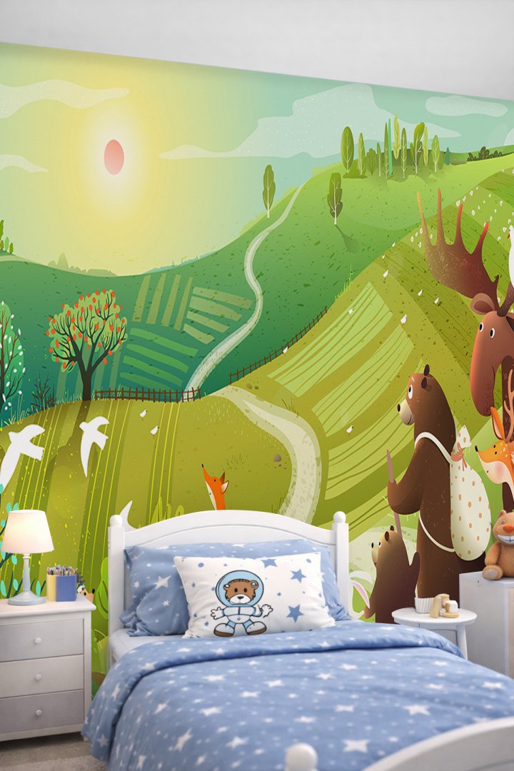 Dreamwall Gün Batımı ve Doğa Yürüyüşü Yapan Orman Hayvanları Tek Parça Tekstil Duvar Kağıdı