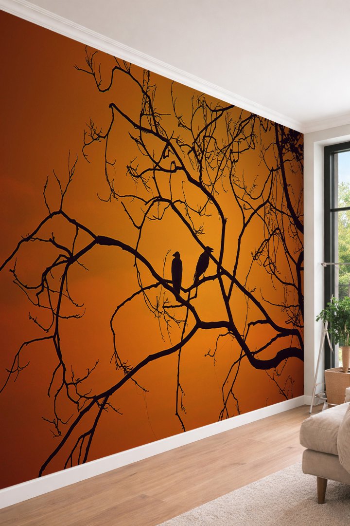 Dreamwall Gün Batımı ve Kuş Silüeti - Modern Ofis ve Kafe Tek Parça Tekstil Duvar Kağıdı