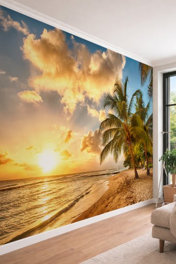 Dreamwall Gün Batımı ve Palmiye Sahili - Butik Otel ve Cafe İçin Tek Parça Tekstil Duvar Kağıdı