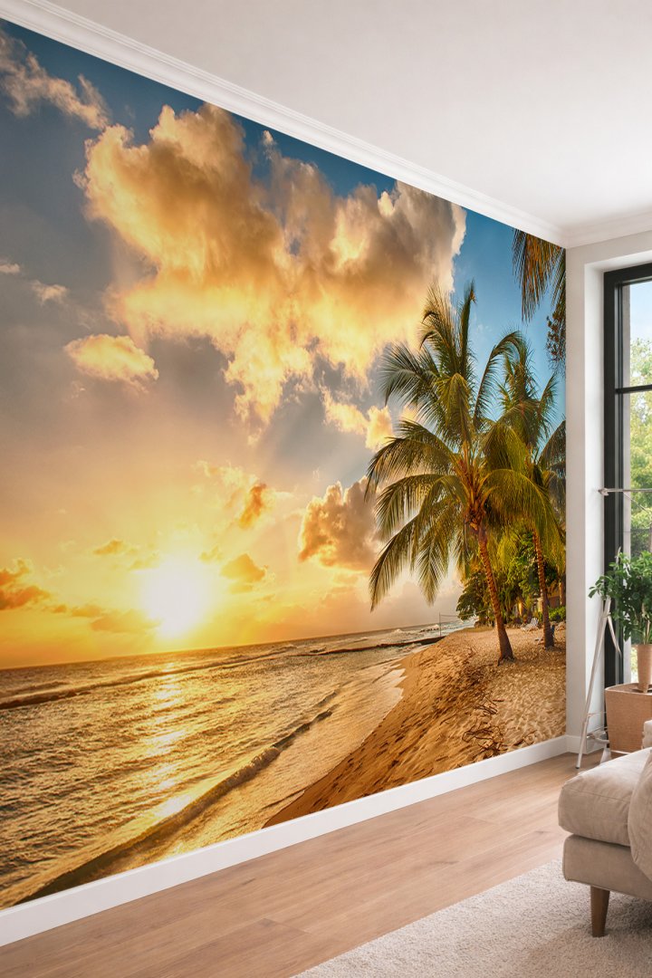 Dreamwall Gün Batımı ve Palmiye Sahili - Butik Otel ve Cafe İçin Tek Parça Tekstil Duvar Kağıdı
