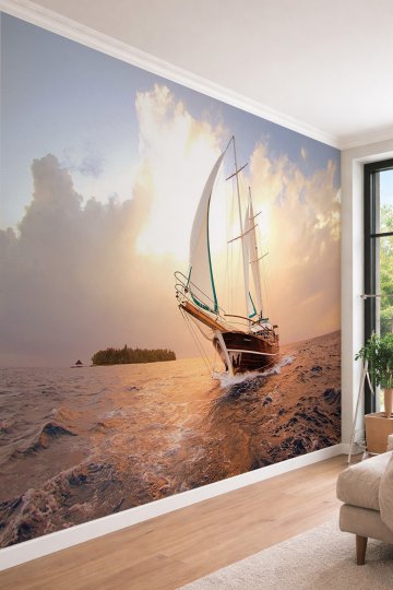 Dreamwall Gün Batımı ve Yelkenli - Deniz Manzaralı Tek Parça Tekstil Duvar Kağıdı