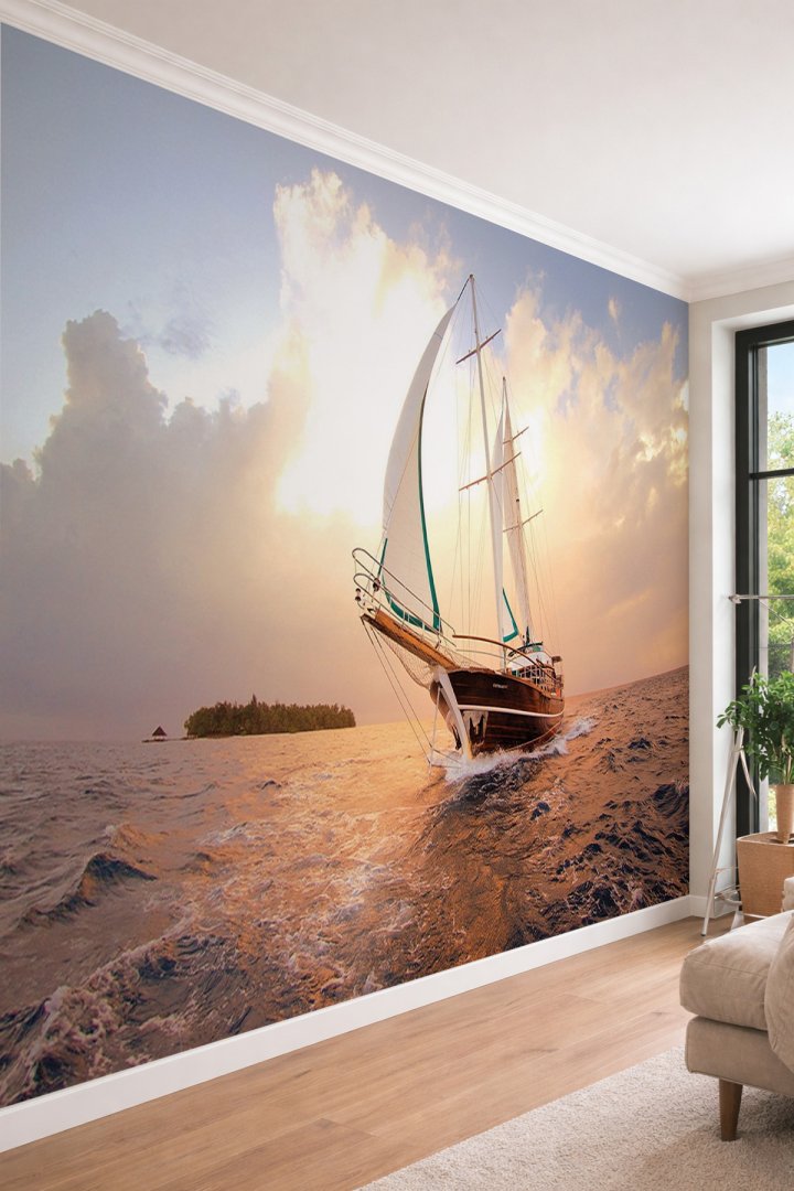 Dreamwall Gün Batımı ve Yelkenli - Deniz Manzaralı Tek Parça Tekstil Duvar Kağıdı