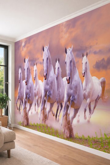 Dreamwall Gün Batımında Koşan Beyaz Atlar Temalı - Tek Parça Tekstil Duvar Kağıdı