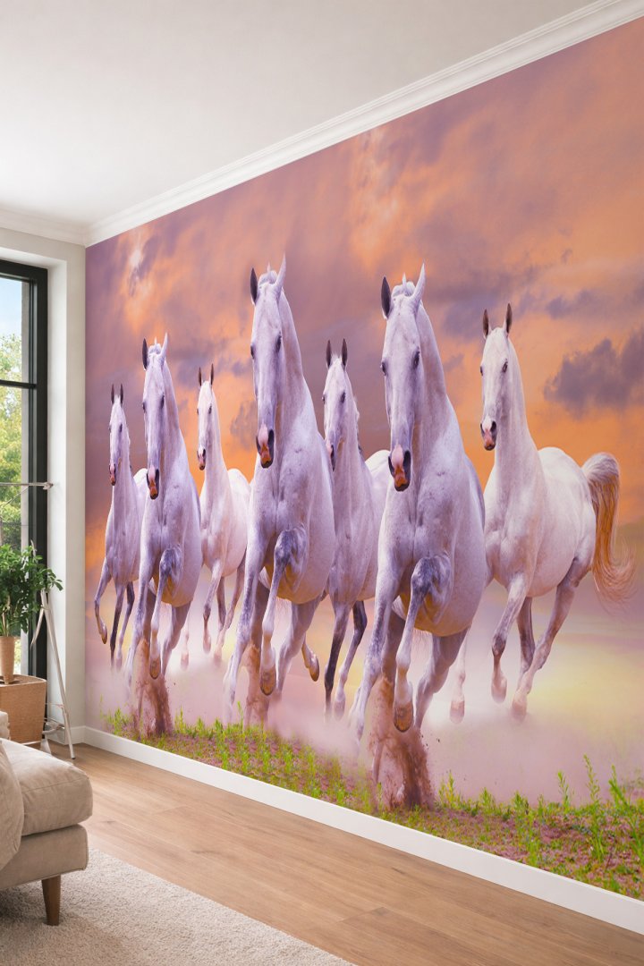 Dreamwall Gün Batımında Koşan Beyaz Atlar Temalı - Tek Parça Tekstil Duvar Kağıdı