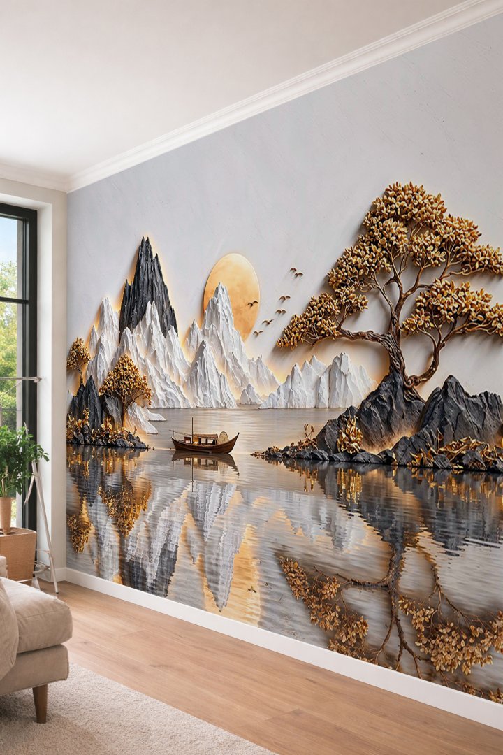 Dreamwall Güneş, Dağlar, Nehir Manzarası ve Su Yansıması Temalı Tek Parça Tekstil Duvar Kağıdı 
