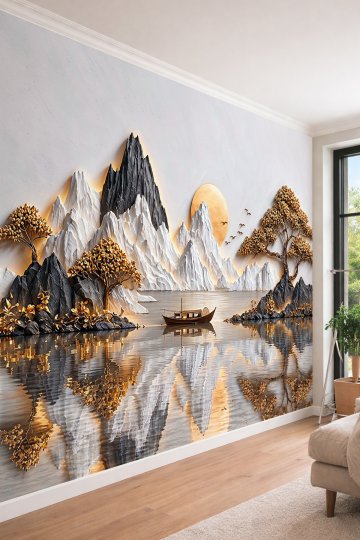 Dreamwall Güneş, Dağlar, Nehir Manzarası ve Su Yansıması Temalı Tek Parça Tekstil Duvar Kağıdı  küçük görsel 2