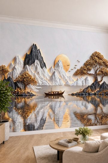 Dreamwall Güneş, Dağlar, Nehir Manzarası ve Su Yansıması Temalı Tek Parça Tekstil Duvar Kağıdı  küçük görsel 3