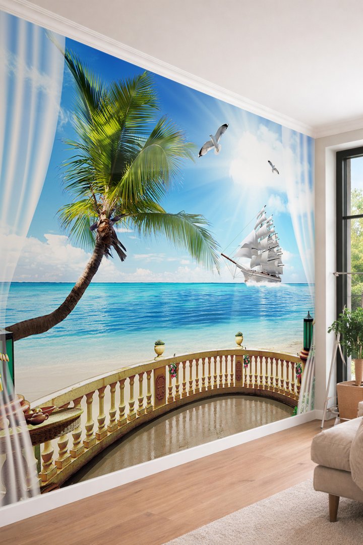 Dreamwall Güneş Işığı Efektli Sahil ve Yelkenli Gemi Manzaralı Balkon Perspektifli Tekstil Duvar Kağ...