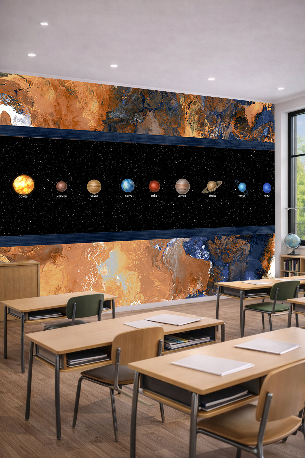 Dreamwall Güneş Sistemi Gezegenleri, Yıldızlı Uzay Şeridi ve Akışkan Mermer Desenli Tek Parça Tekstil Duvar Kağıdı görsel 1