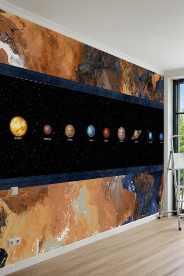 Dreamwall Güneş Sistemi Gezegenleri, Yıldızlı Uzay Şeridi ve Akışkan Mermer Desenli Tek Parça Tekstil Duvar Kağıdı küçük görsel 2