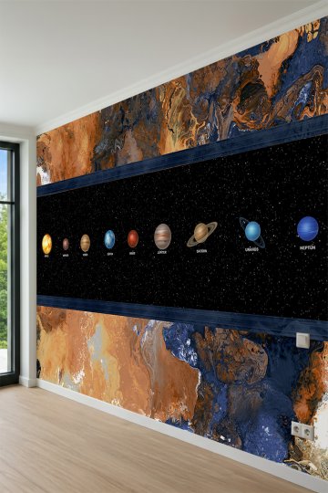 Dreamwall Güneş Sistemi Gezegenleri, Yıldızlı Uzay Şeridi ve Akışkan Mermer Desenli Tek Parça Tekstil Duvar Kağıdı küçük görsel 3