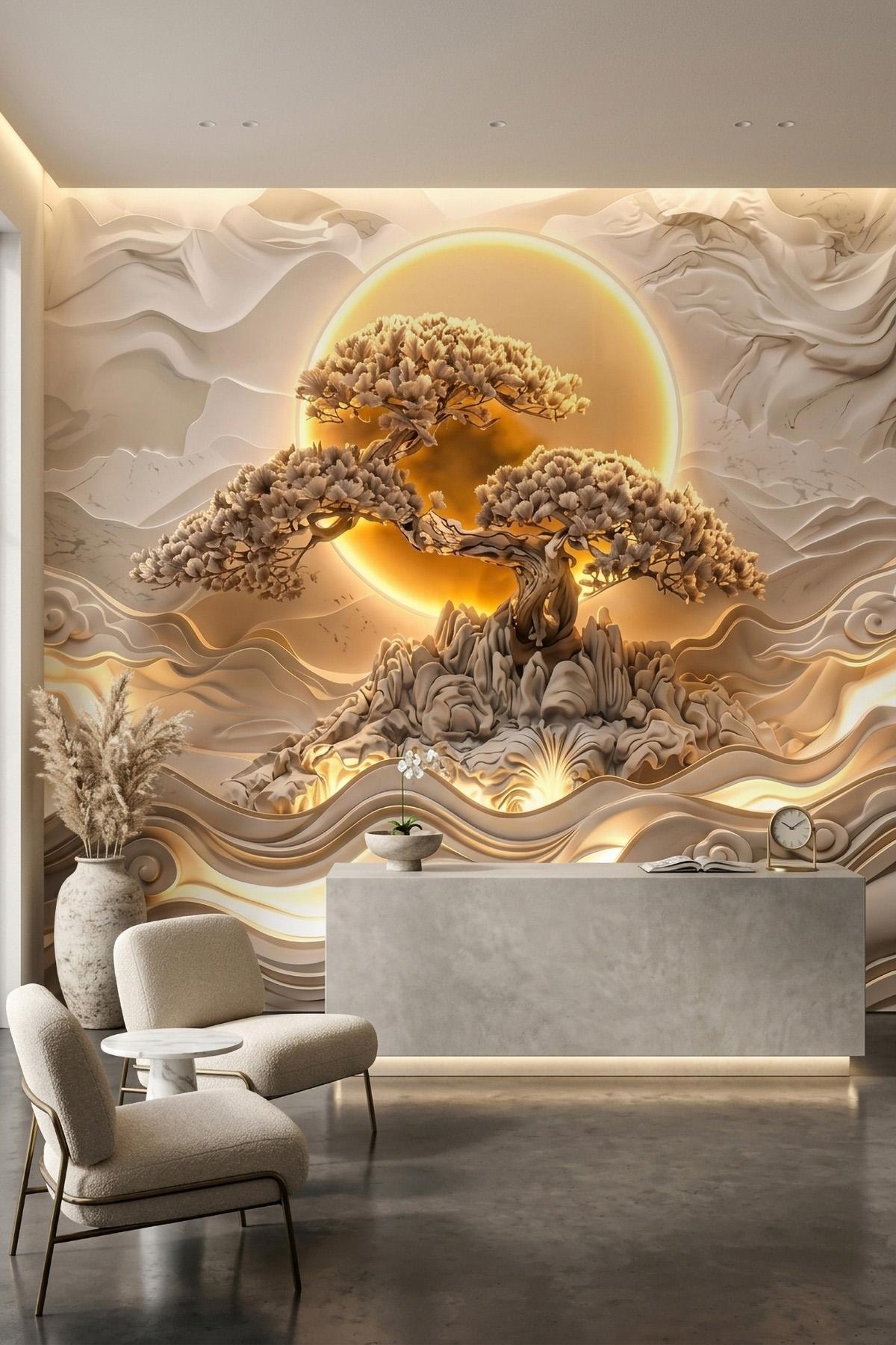 Dreamwall Güneşin Kalbindeki Ağaç-Kabartmalı Ağaç ve Güneş Desenli Tek Parça Tekstil Duvar Kağıdı  görsel 1