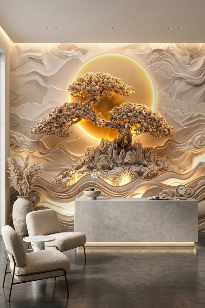 Dreamwall Güneşin Kalbindeki Ağaç-Kabartmalı Ağaç ve Güneş Desenli Tek Parça Tekstil Duvar Kağıdı 