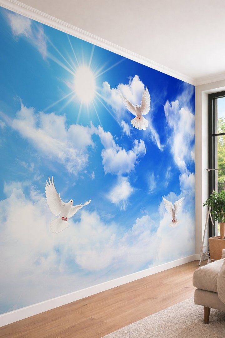 Dreamwall Güneşli Gökyüzü ve Beyaz Güvercinler Temalı Tek Parça Tekstil Duvar Kağıdı