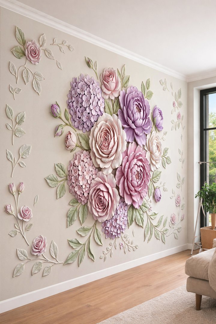 Dreamwall Hacimli Çiçek Buketi Kabartma Görünüm Desenli Tek Parça Tekstil Duvar Kağıdı 