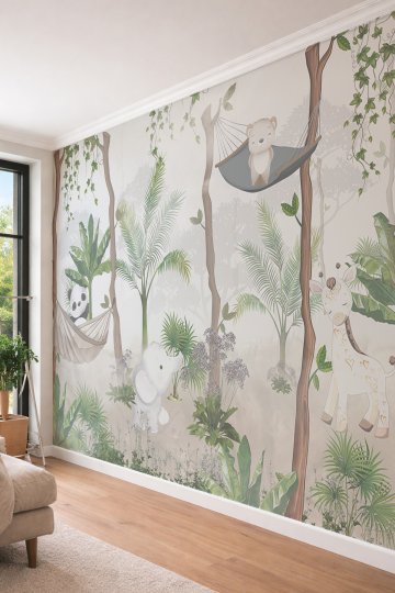 Dreamwall Hamakta Uyuyan Panda ve Koala Temalı Pastel Safari Ormanı Tekstil Duvar Kağıdı