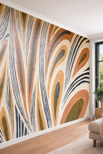 Dreamwall Hardal, Terracotta ve Lacivert Akışkan Çizgili Soyut Tek Parça Tekstil Duvar Kağıdı  küçük görsel 1