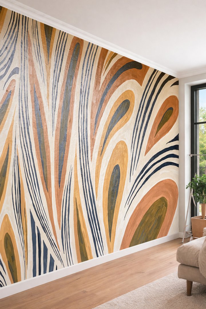 Dreamwall Hardal, Terracotta ve Lacivert Akışkan Çizgili Soyut Tek Parça Tekstil Duvar Kağıdı 