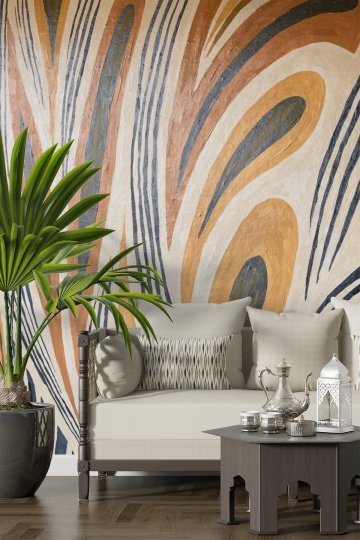 Dreamwall Hardal, Terracotta ve Lacivert Akışkan Çizgili Soyut Tek Parça Tekstil Duvar Kağıdı  küçük görsel 2