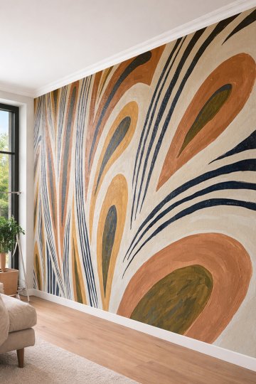 Dreamwall Hardal, Terracotta ve Lacivert Akışkan Çizgili Soyut Tek Parça Tekstil Duvar Kağıdı  küçük görsel 3