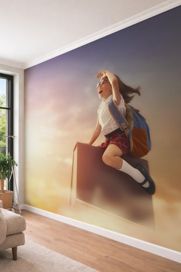 Dreamwall Hayalperest Çocuk ve Uçan Kitap Temalı İlham Verici Tek Parça Tekstil Duvar Kağıdı