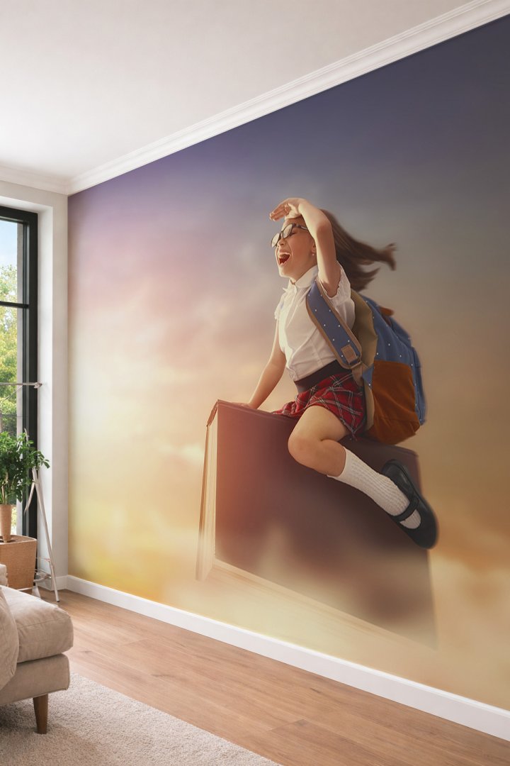 Dreamwall Hayalperest Çocuk ve Uçan Kitap Temalı İlham Verici Tek Parça Tekstil Duvar Kağıdı