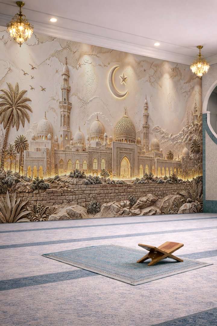 Dreamwall Hilal ve Yıldız Motifli, Camii Mimarisi Kabartmalı ve Aydınlatmalı Tek Parça Tekstil Duvar...