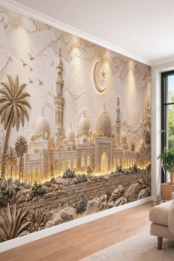 Dreamwall Hilal ve Yıldız Motifli, Camii Mimarisi Kabartmalı ve Aydınlatmalı Tek Parça Tekstil Duvar Kağıdı  küçük görsel 2