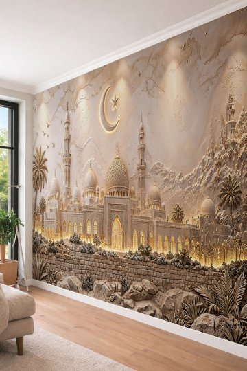 Dreamwall Hilal ve Yıldız Motifli, Camii Mimarisi Kabartmalı ve Aydınlatmalı Tek Parça Tekstil Duvar Kağıdı  küçük görsel 6