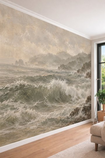 Dreamwall Hırçın Dalgalar, Sahil Kayalıkları ve Yağlı Boya Manzaralı Tek Parça Tekstil Duvar Kağıdı 