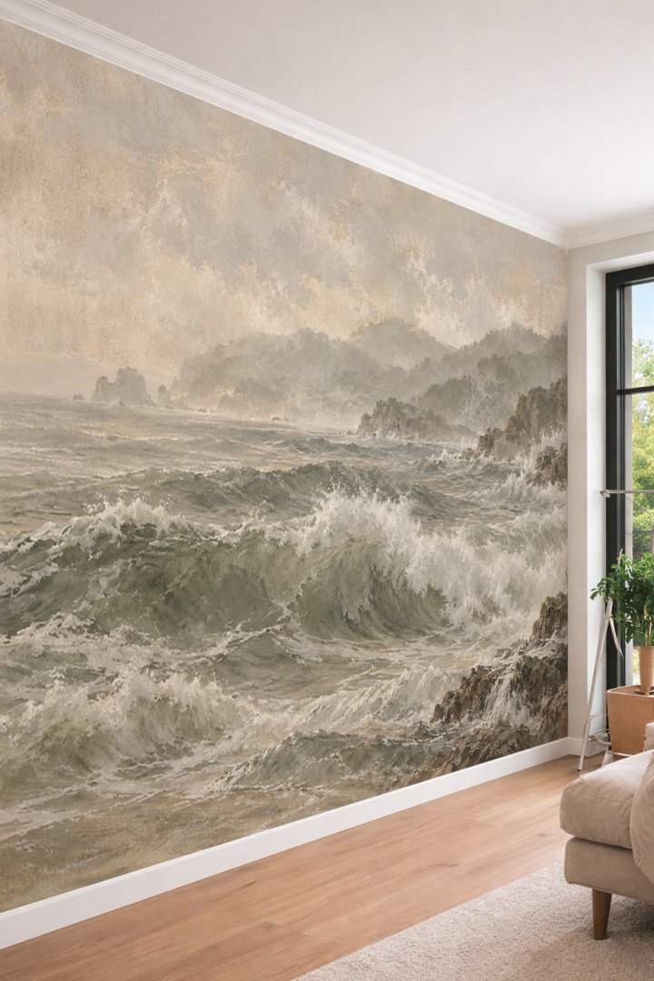 Dreamwall Hırçın Dalgalar, Sahil Kayalıkları ve Yağlı Boya Manzaralı Tek Parça Tekstil Duvar Kağıdı 