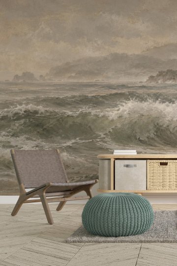 Dreamwall Hırçın Dalgalar, Sahil Kayalıkları ve Yağlı Boya Manzaralı Tek Parça Tekstil Duvar Kağıdı  küçük görsel 2