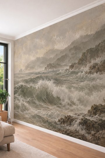 Dreamwall Hırçın Dalgalar, Sahil Kayalıkları ve Yağlı Boya Manzaralı Tek Parça Tekstil Duvar Kağıdı  küçük görsel 3