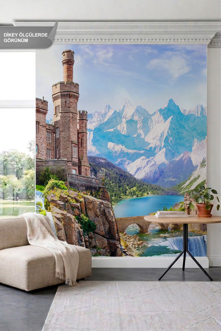Dreamwall İhtişamlı Kaleler, Şelaleler, Taş Köprü ve Dağ Manzaralı Tek Parça Tekstil Duvar Kağıdı